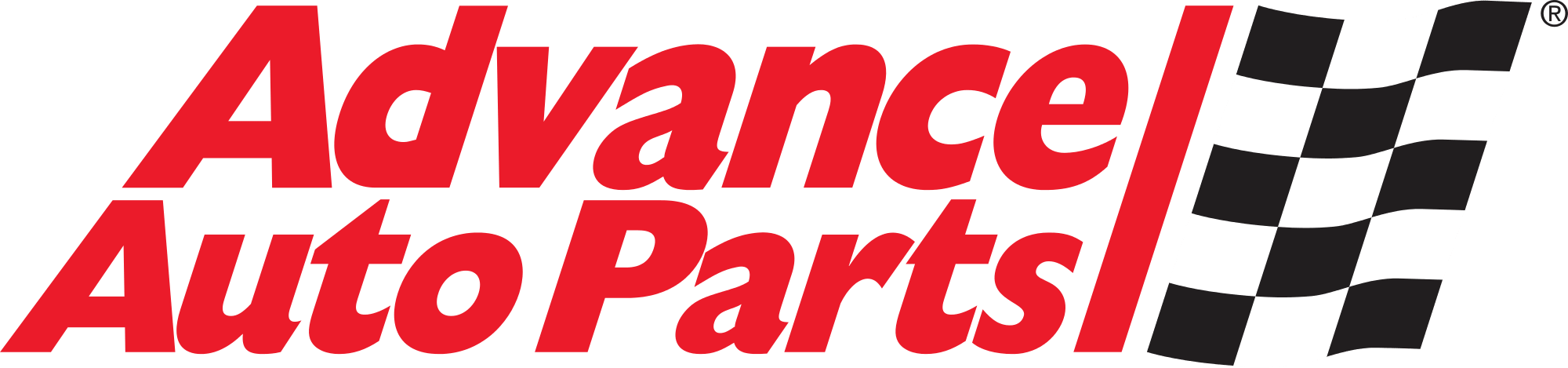 Advance Auto Parts logo, checkered flag, red block letters