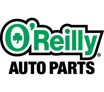 O'Reilly Auto Parts logo, square logo, green font, double outline, white and black outline, black block letters