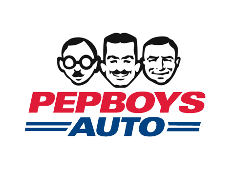 PEPBOYS logo, square logo, three faces, block letters, red font, blue font