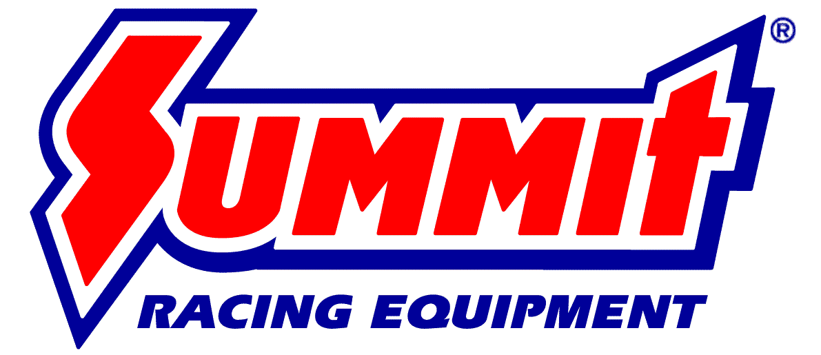 Summit Racing Equipment logo, signature summit logo, red font, white and blue outline, blue block font